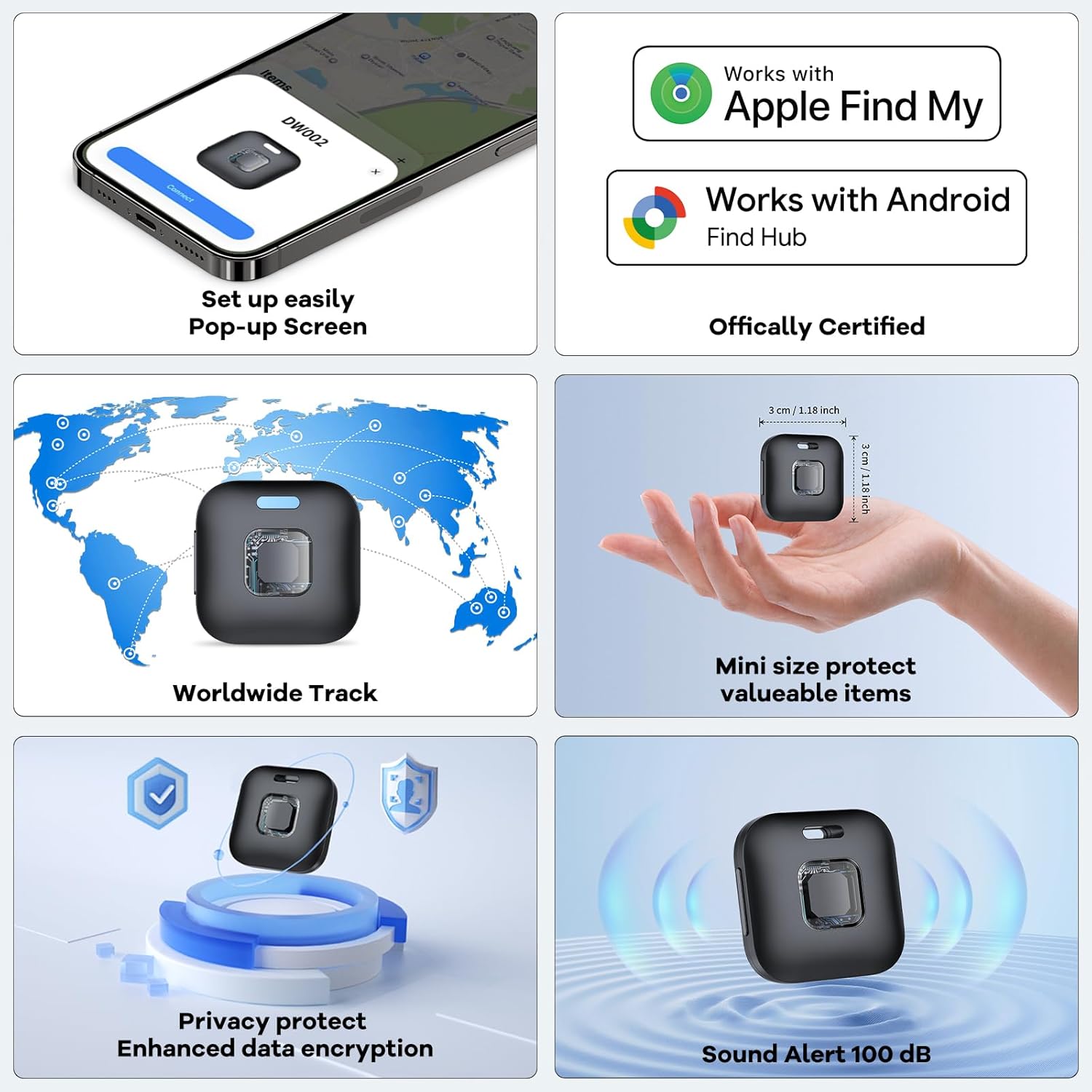 Thumbnail 6 de Tracker Tags DW002 certifié Apple et Google, lot de 4 noir (Bluetooth Smart Tag pour Apple Localiser & Google Find Hub)