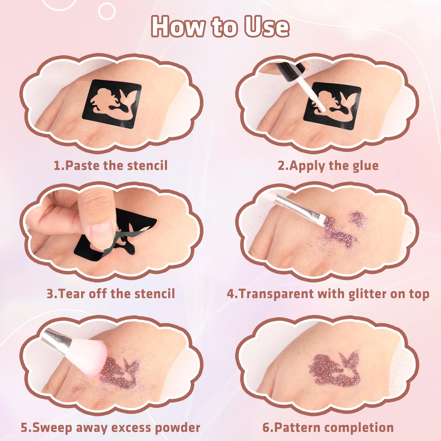 Thumbnail 6 de Glitzer Tattoo Set Kinder – 18 Glitzerfarben, 115 Schablonen, 5 Pinsel, 2 Kleber
