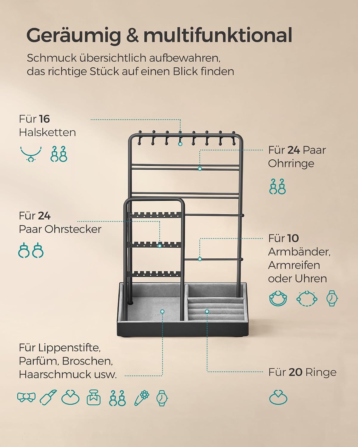 Thumbnail 3 de SONGMICS Schmuckständer aus Metallrahmen mit Samttablett – Ordnung für Halsketten, Armbänder und mehr