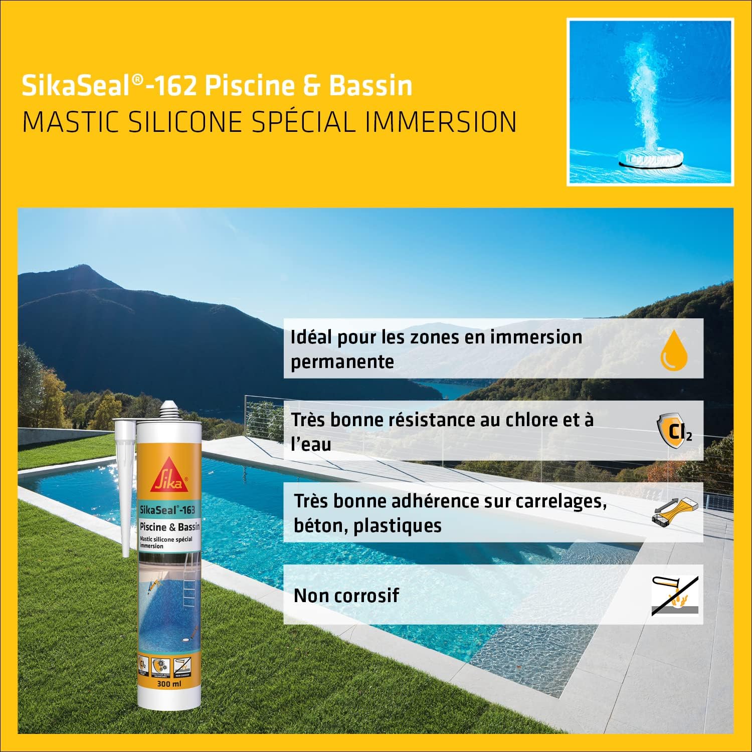 Thumbnail 2 de SikaSeal-163 Mastic Silicone spécial immersion – Jointoiement piscine et bassins blanc (300 ml) par SIKA
