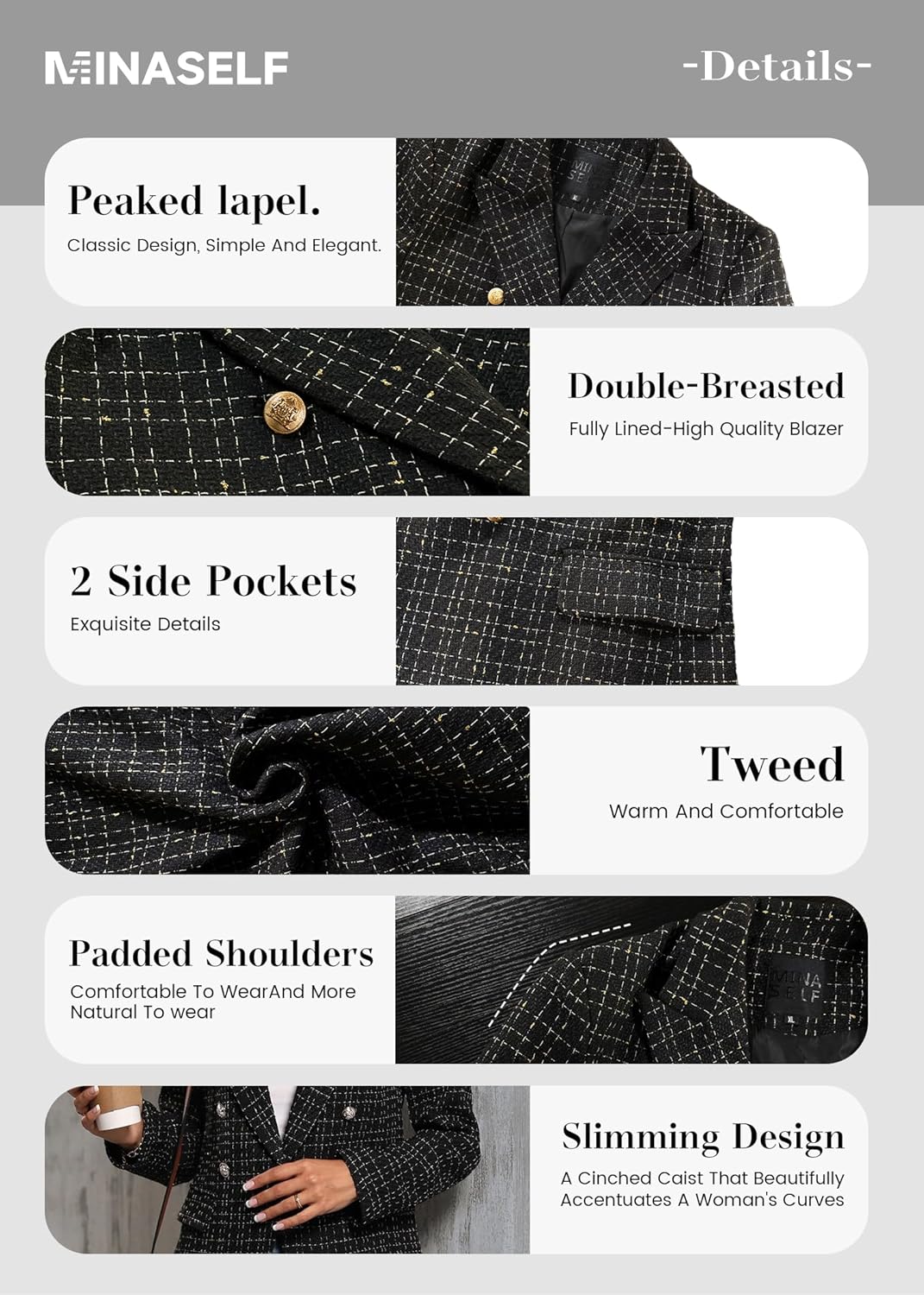 Thumbnail 5 de Mina Self 2026 Tweed Plaid Blazer XS–3XL