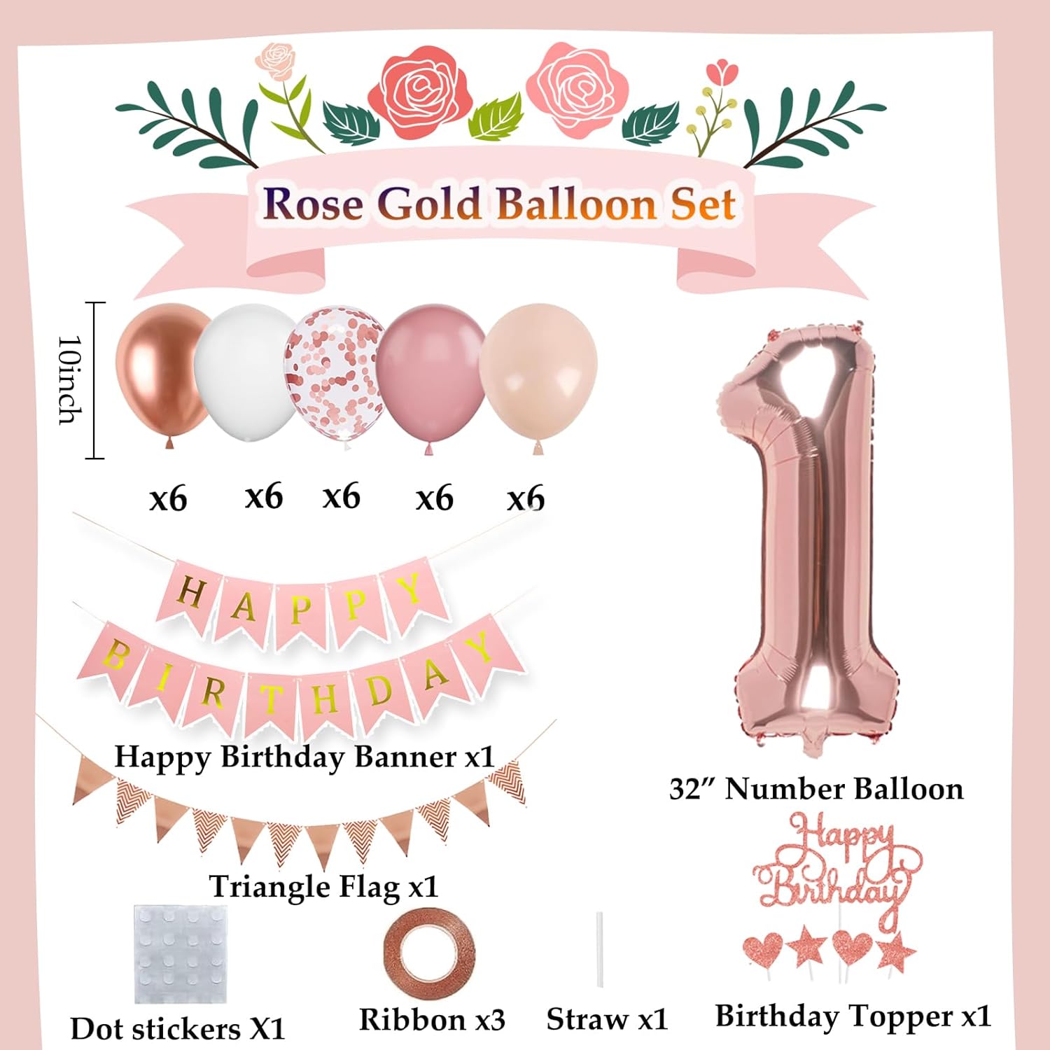 Detalle de 1. Geburtstag Deko-Set Roségold (Zahl 1 Luftballon) von VUCDXOP – Party-Deko für Mädchen zum 1. Jahr