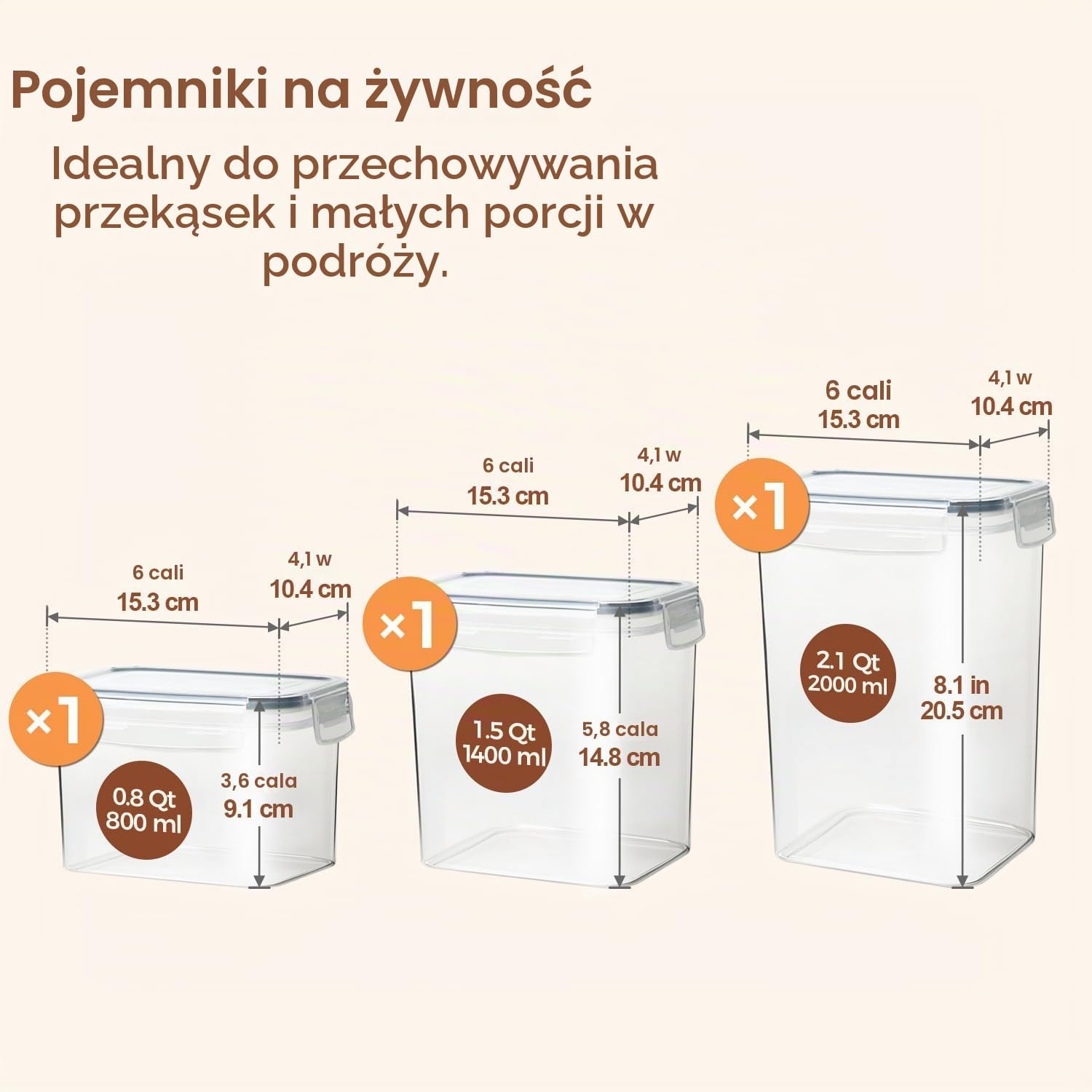 Detalle de ComSaf – hermetyczne pojemniki na żywność 0,8, 1,4 i 2 l, zestaw 3 sztuk