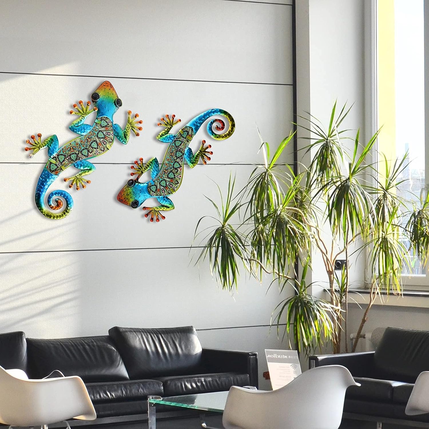 Detalle 2 de HONGLAND Metall-Gecko-Wanddekoration „Symphonie“ – Wandbild aus Metall & Glas, 2er-Set für innen & außen