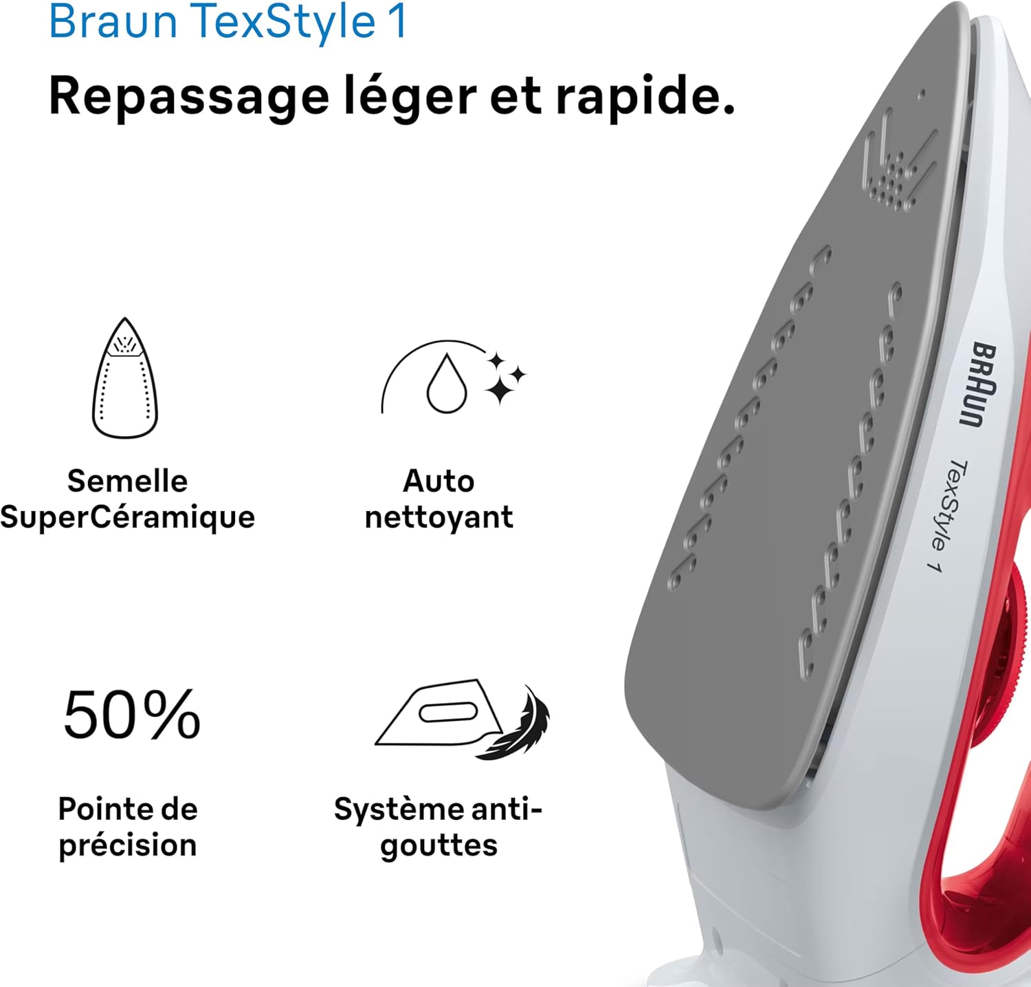 Thumbnail 1 de Braun TexStyle 1 – Fer à Repasser Vapeur Puissant et Léger (1900 W) avec Semelle Antiadhésive