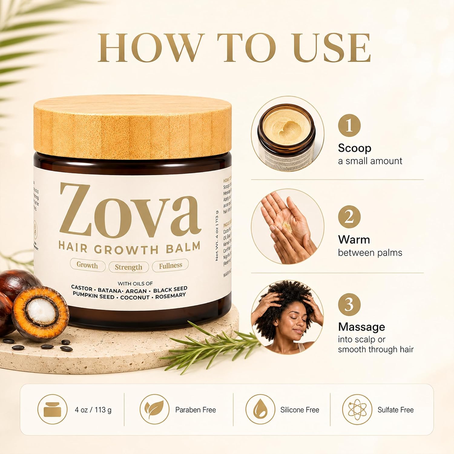 Detalle de Zova Hair Growth Balm – Batana, Castor, Argan & Rosemary Oil Blend for Thicker, Stronger Hair