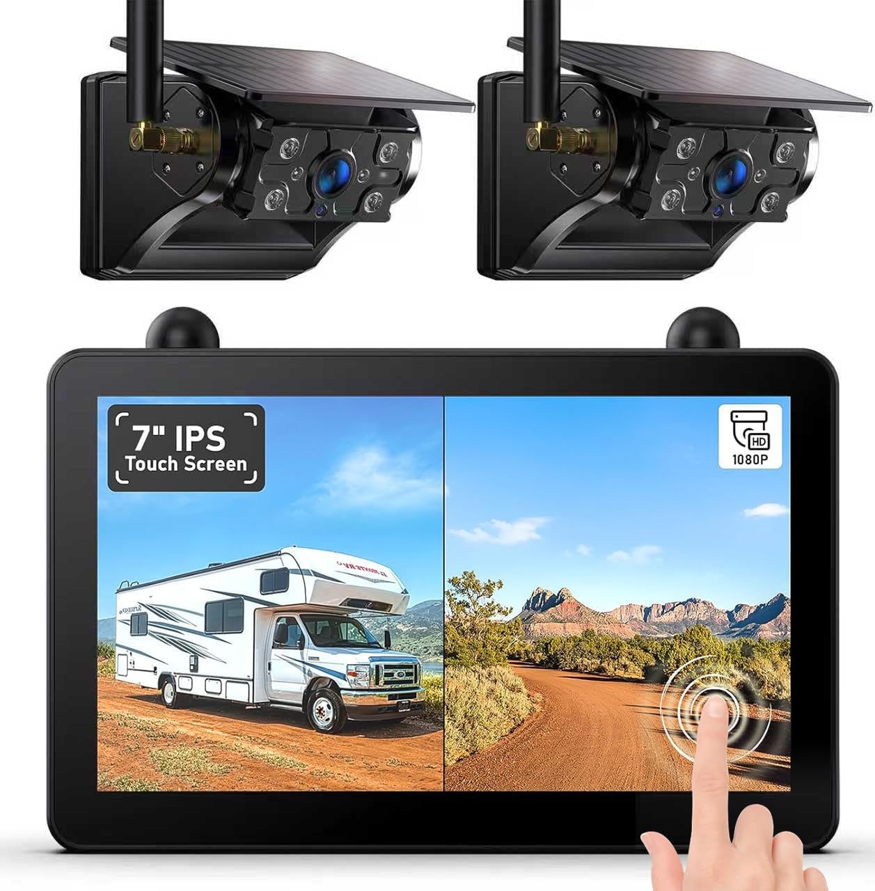 Solar Powered Wireless Reversing Camera Kit with 7" 1080P Touchscreen Monitor and 12000mAh Battery