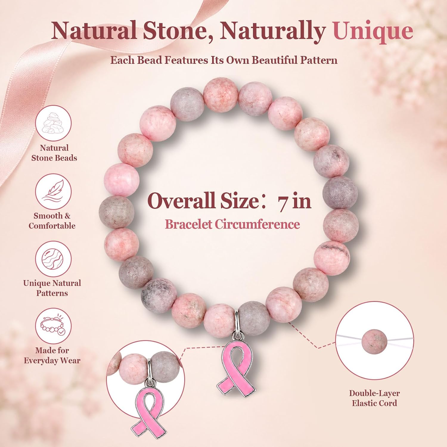Detalle de Pink Ribbon Awareness Bracelet, Natural Stone Beads