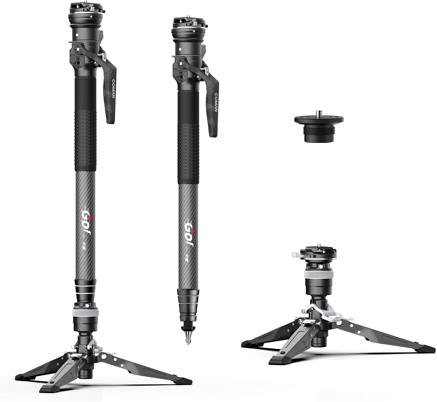 Detalle de COMAN M1S One-Click Lifting Monopod mit Füßen | 65'' Carbonfaser, 360° Ball Bowl Head, Arca Quick Release