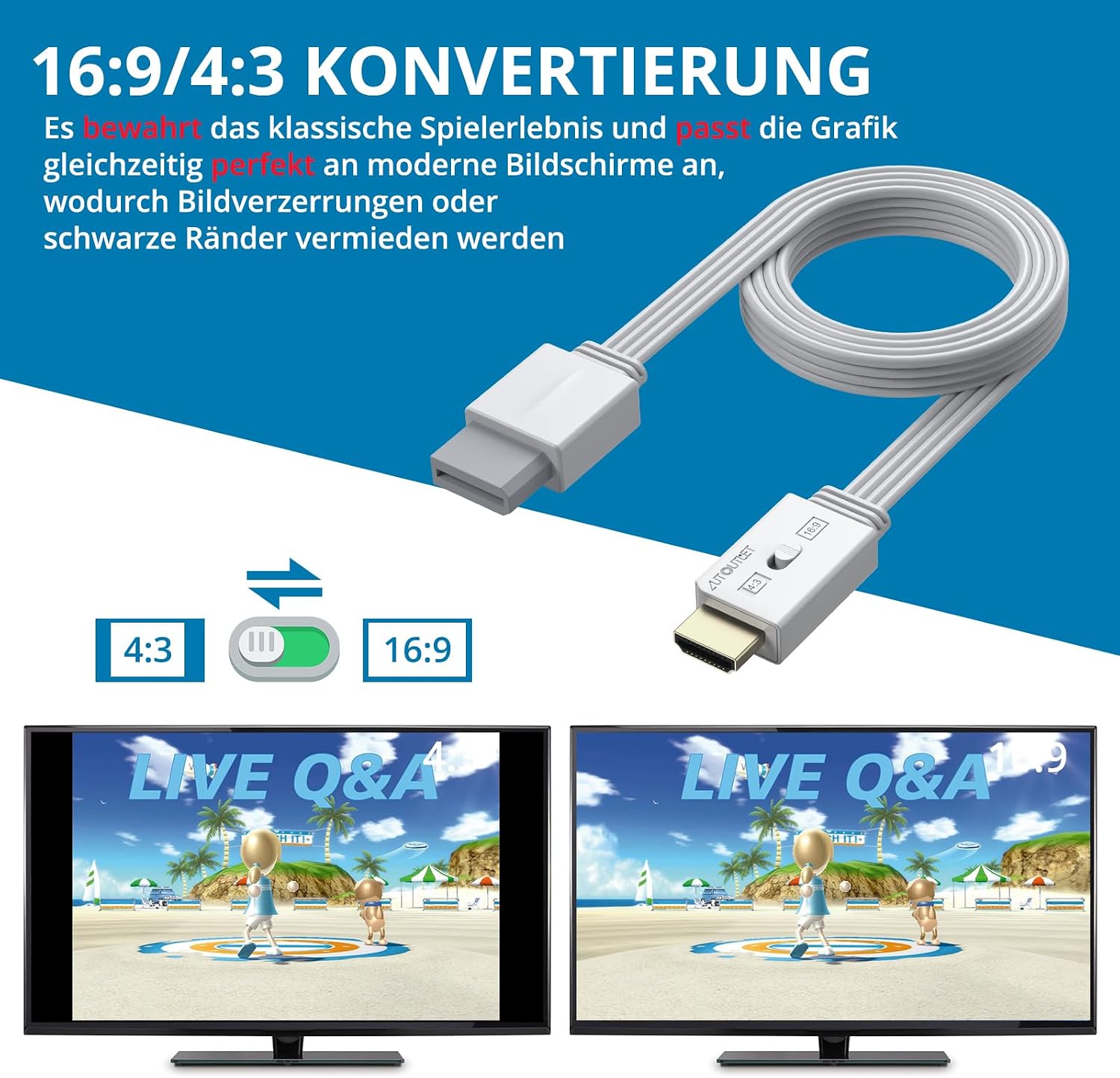 Detalle de AUTOUTLET Wii HDMI Adapter: 1080p/60Hz direkter HDMI-Ausgang aus der Wii – 4:3/16:9 Konvertierung, Plug & Play