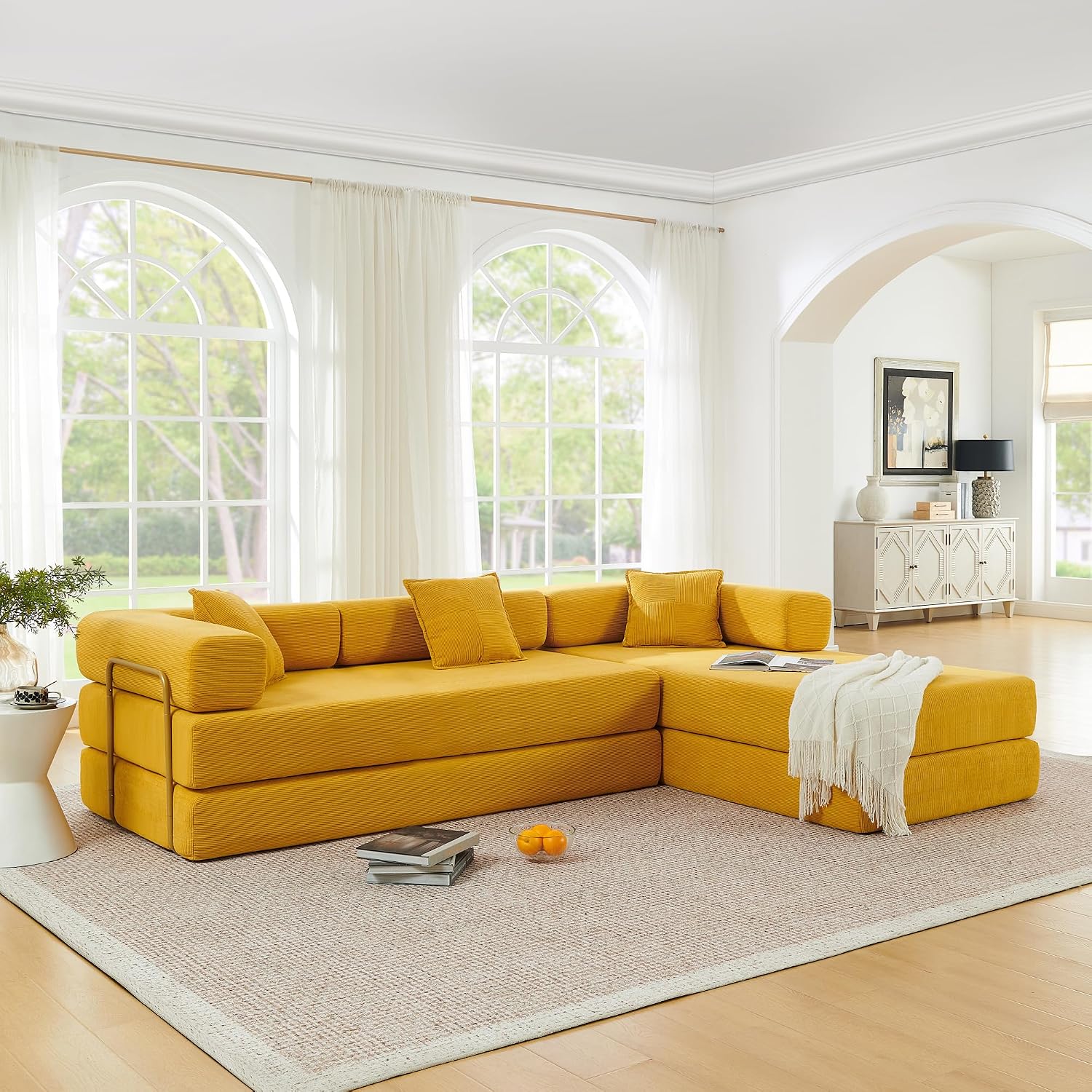 Detalle de HANXIN SF-616 Convertible Sofa Bed, 108-Inch Yellow Corduroy Sectional
