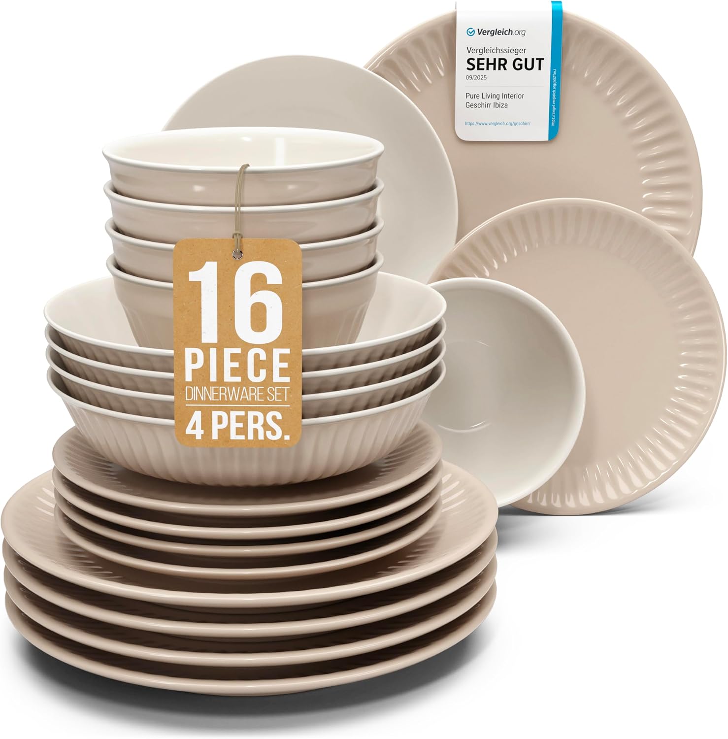 Detalle de HYGGE 16-Piece Stoneware Dinnerware Set for 4 | Elegant Scandi Ribbed Design in Light Brown