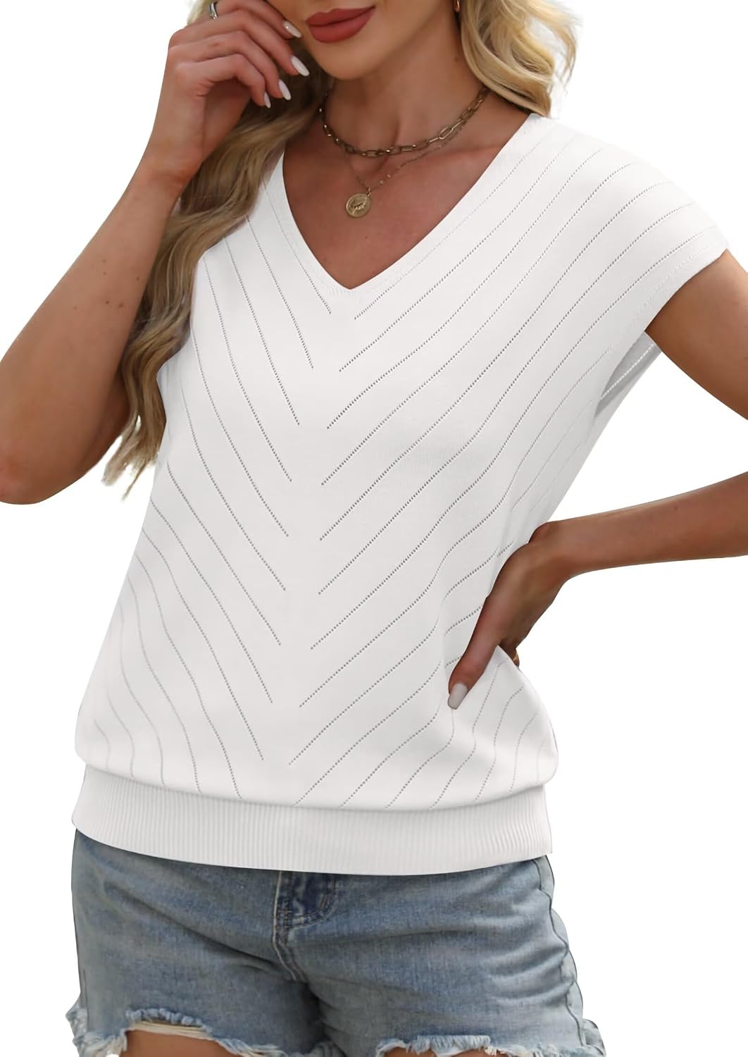Detalle de WIHOLL Damen Pullover Kurzarm mit V-Ausschnitt – leichtes Stretch-Strickshirt für Sommer & Büro