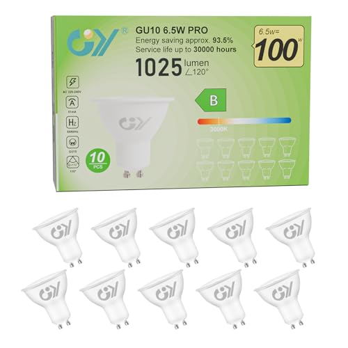 Detalle de GY Bombilla LED GU10 6.5W (Eq. 100W) 1025LM 3000K Blanco Cálido – Pack de 10
