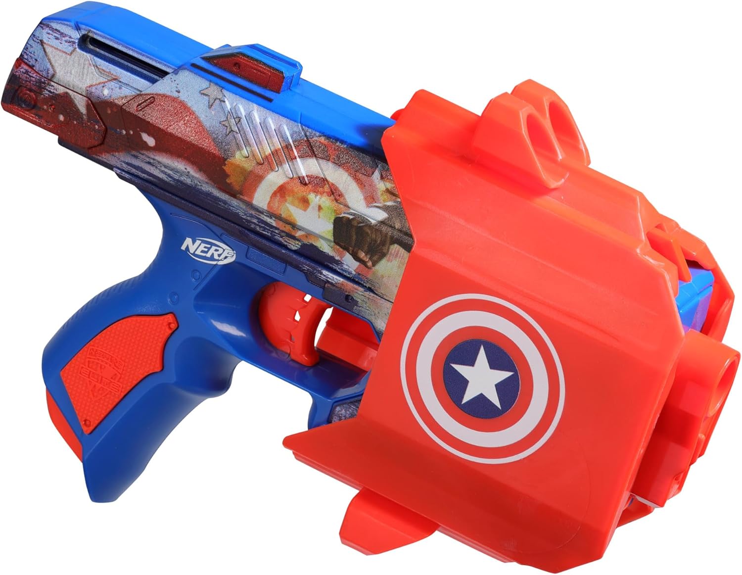Detalle 1 de Nerf Marvel Captain America – Blaster à fléchettes avec holster et 10 fléchettes Nerf Elite