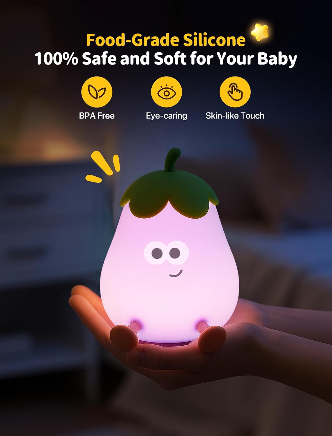Detalle 2 de Tarinks Eggplant Night Light, Rechargeable Silicone LED Lamp with 7 Colors