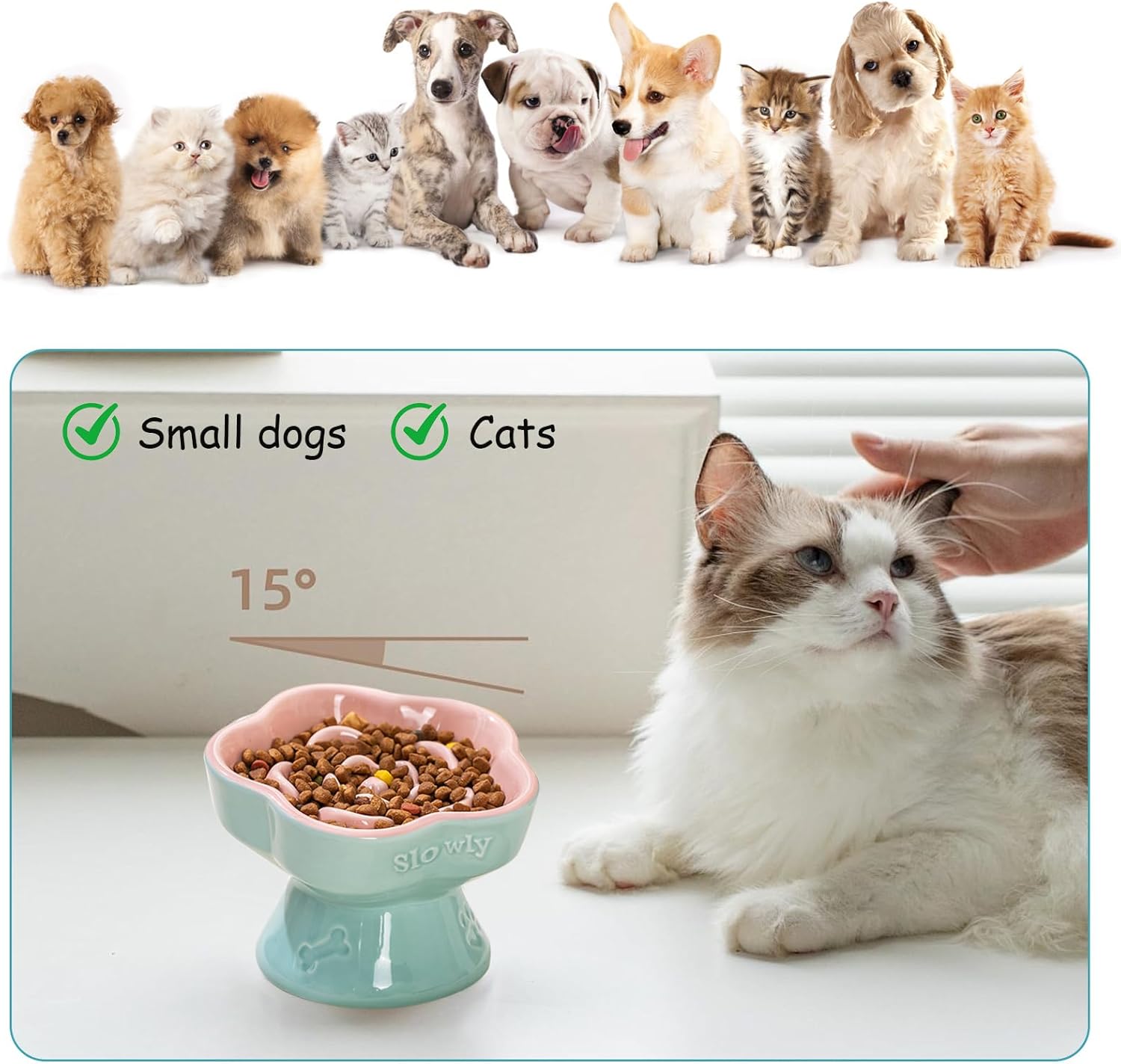 Thumbnail 6 de MEETOZ Raised Slow Feeder Cat Bowl (Ceramic, 5.8in) – Pink flower-shaped elevated slow feeder