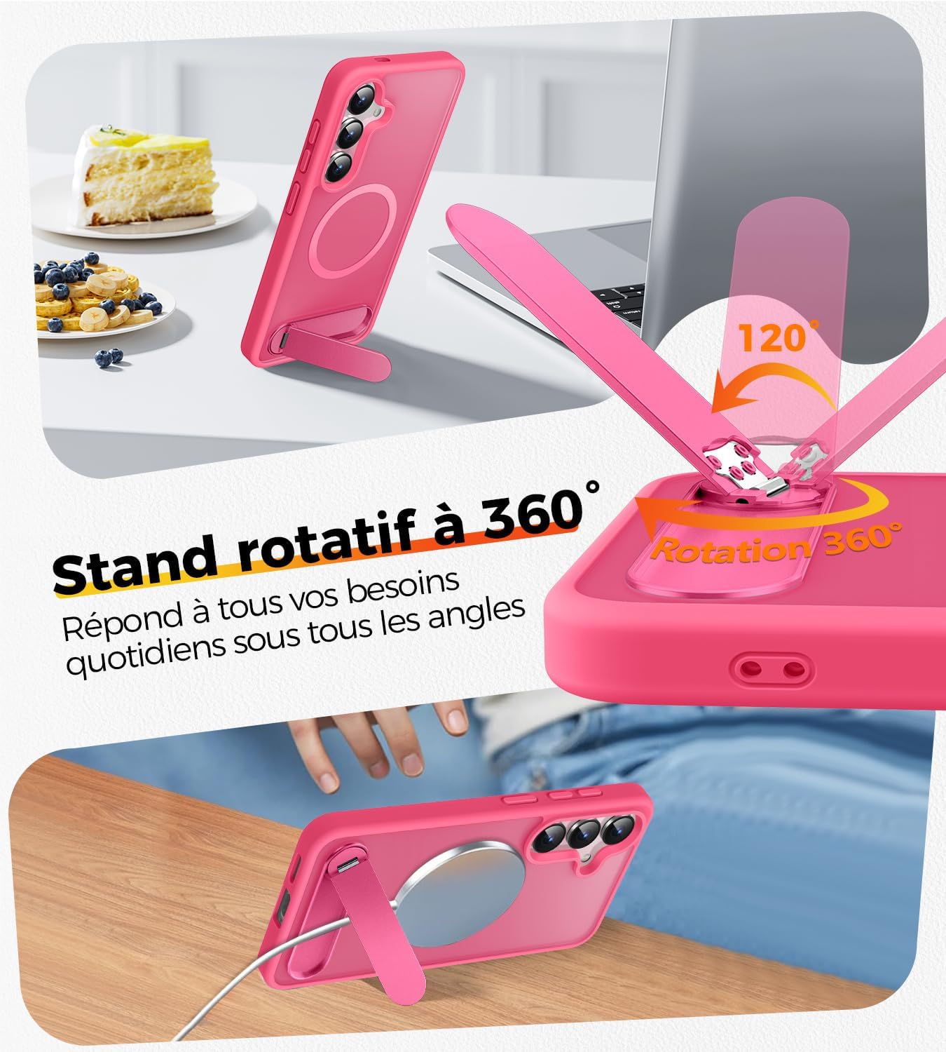 Detalle de New-One Coque Galaxy S24/S25 avec Support 360° Magnétique et Protection Militaire – Bumper Silicone Fuchsia