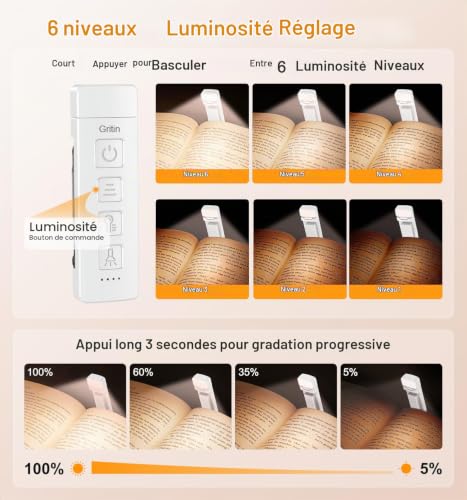 Detalle de Gritin 2026 Gén.2 Lampe de Lecture Rechargeable, 2 en 1 – éclairage doux et torche intégrée