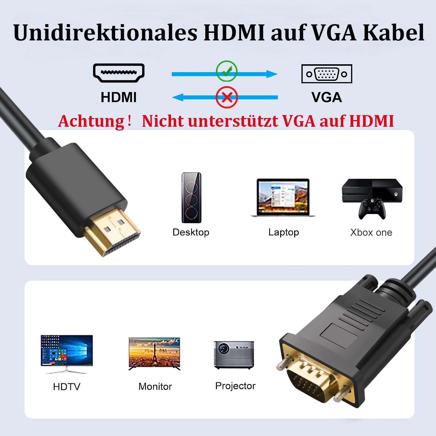 Thumbnail 1 de Omivine HDMI auf VGA Kabel – 3 m, 1080p, HDMI (Ein) zu VGA (Aus)
