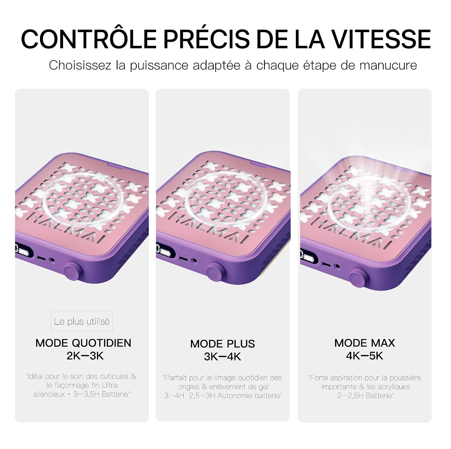 Detalle de HALMAI Rechargeable Cordless Nail Dust Collector – kabelloser Staubabsauger für Acrylnägel (800 Pa, 5000 U/min, HEPA-Filter, Mauve Violett)