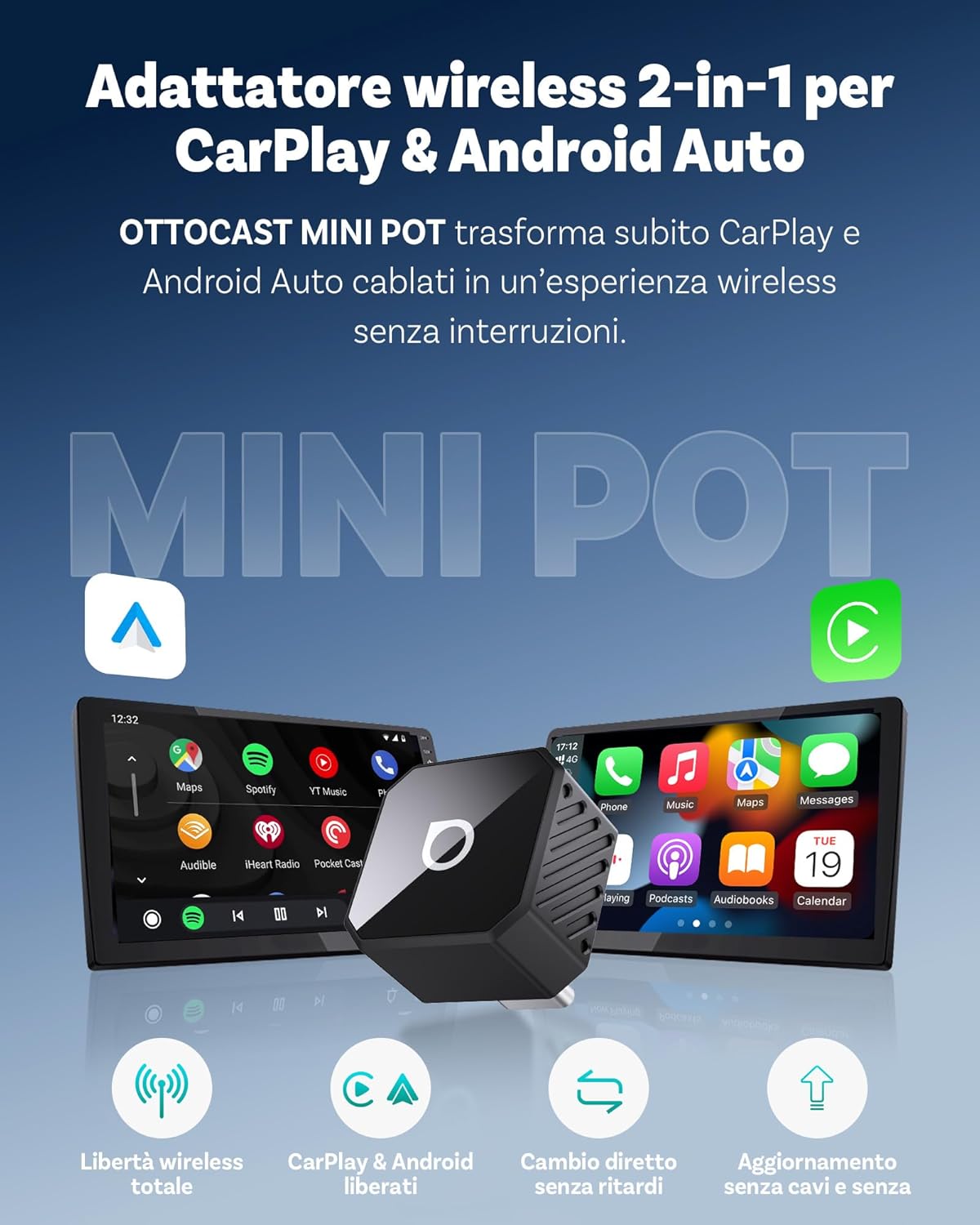 Detalle de Ottocast Mini Cube 3.0: Adattatore CarPlay Wireless USB-C ultra mini per auto (memoria doppia e OTA)