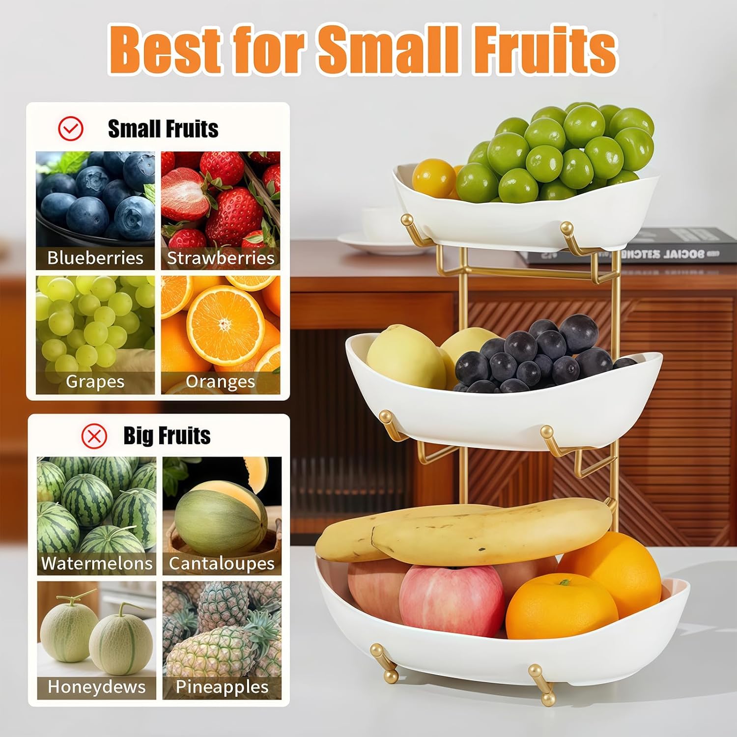 Thumbnail 2 de HOMKULA 3-Tier Ceramic Fruit Bowl with Gold Metal Stand (Small)