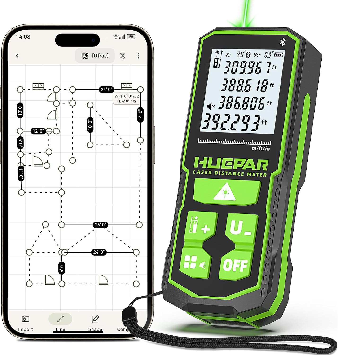 Detalle de Huepar S120G-BT Green Laser Distance Measurer with Bluetooth and Angle Sensor