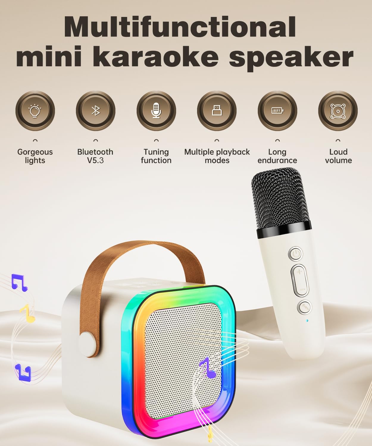 Detalle 2 de Mini Karaoke Machine Speaker for Kids & Adults (Off-White, 2 Mic) – Portable Bluetooth Karaoke System
