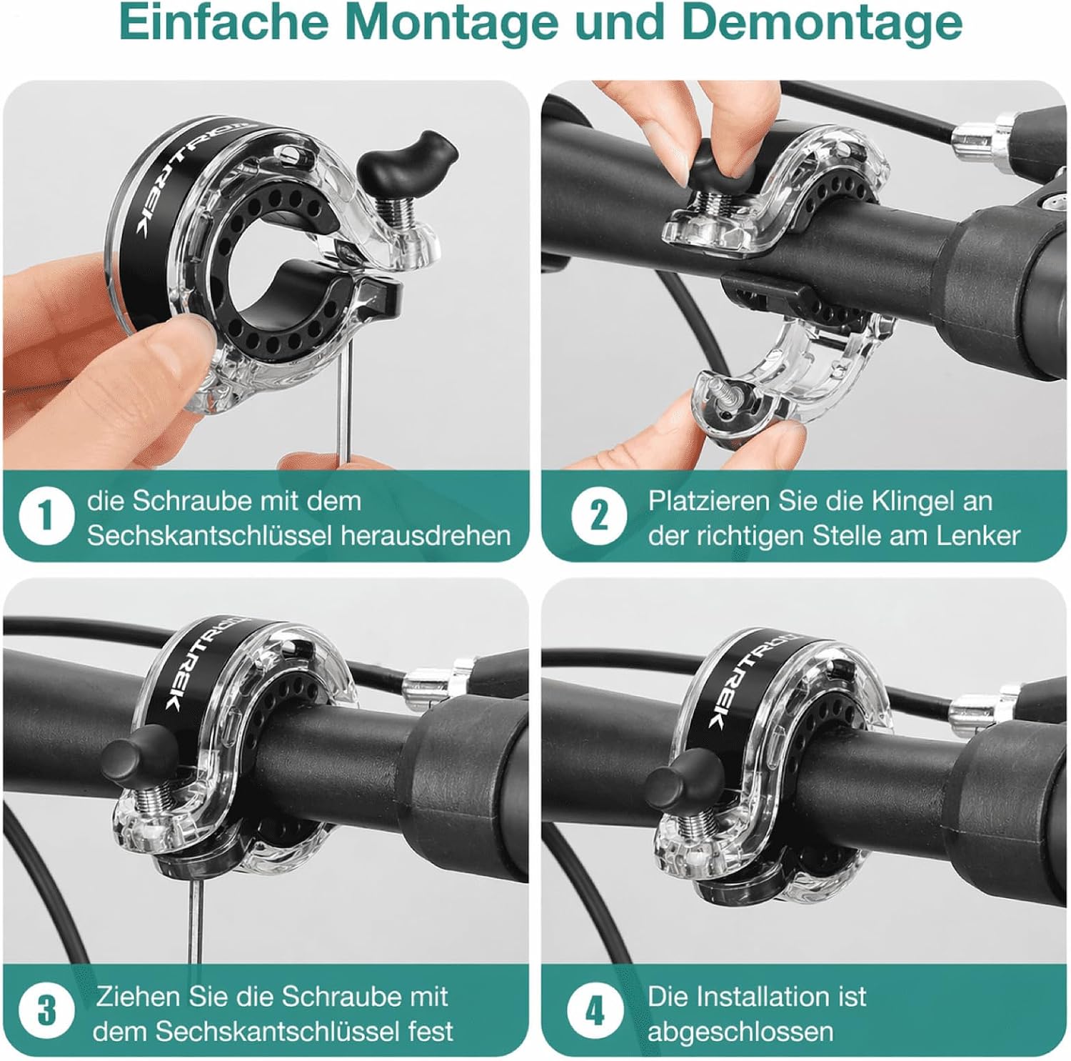 Detalle de Toptrek Fahrradklingel Mountainbike – kompakt, 100–110 dB, universal 22,2–31,8 mm Lenker