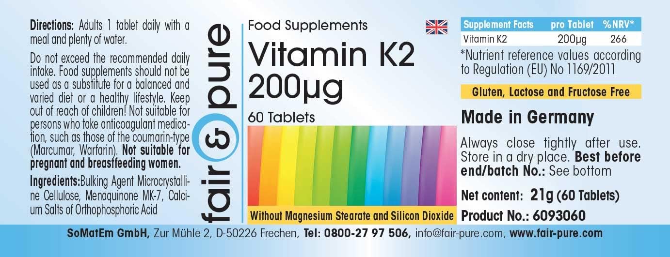 Detalle de Fair & Pure Vitamin K2 200 µg – 60 Tabletten (MK-7) aus deutscher Herstellung, vegan