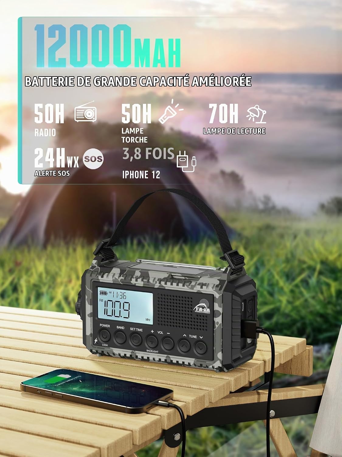 Detalle 2 de ROCAM 1009UItra zwengelradio met 12.000 mAh, AM/FM/SW en noodverlichting