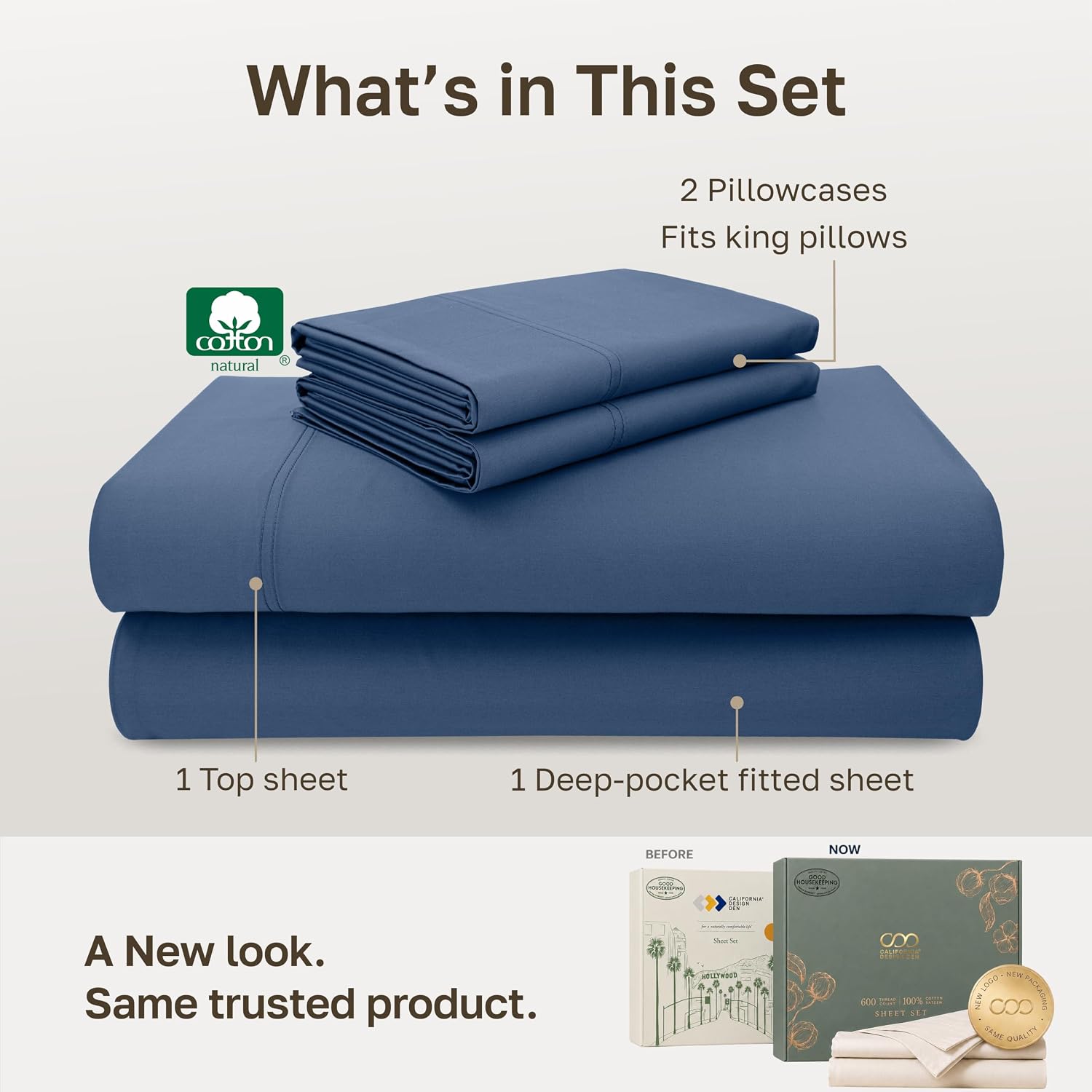 Detalle de California Design Den 840307131003 Cotton Sheet Set, 600 Thread Count, California King