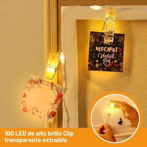 Detalle de CNMTCCO Guirnalda de 100 LEDs con clips para fotos, 10 m, funcionamiento con pilas y control remoto
