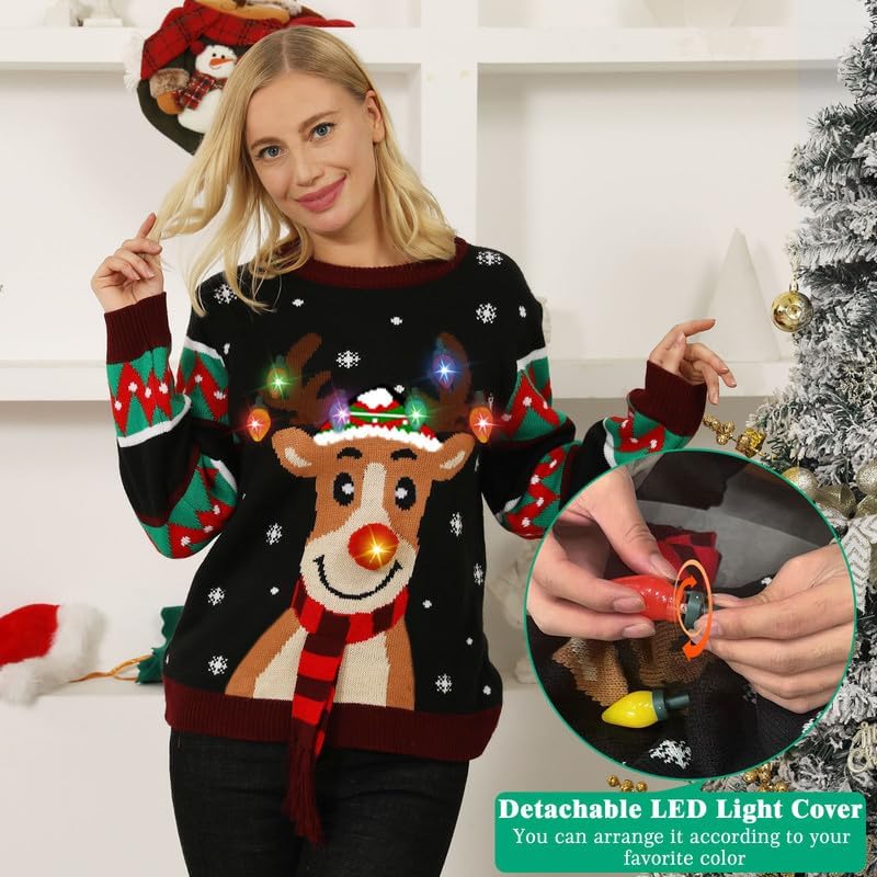Detalle 2 de MDAI Ugly Christmas Sweater with LED Lights, Reindeer Pattern, 100% Acrylic