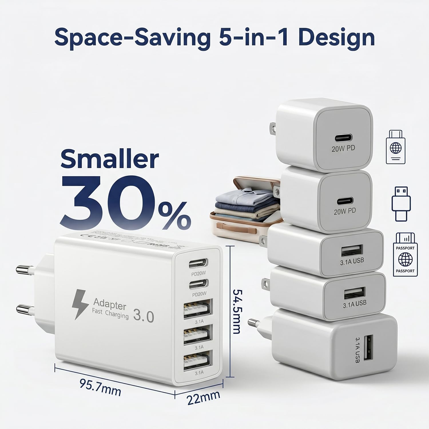 Detalle de Chargeur USB‑C 50W à 5 ports – charge rapide PD/QC, adaptateur universel pour smartphones et tablettes