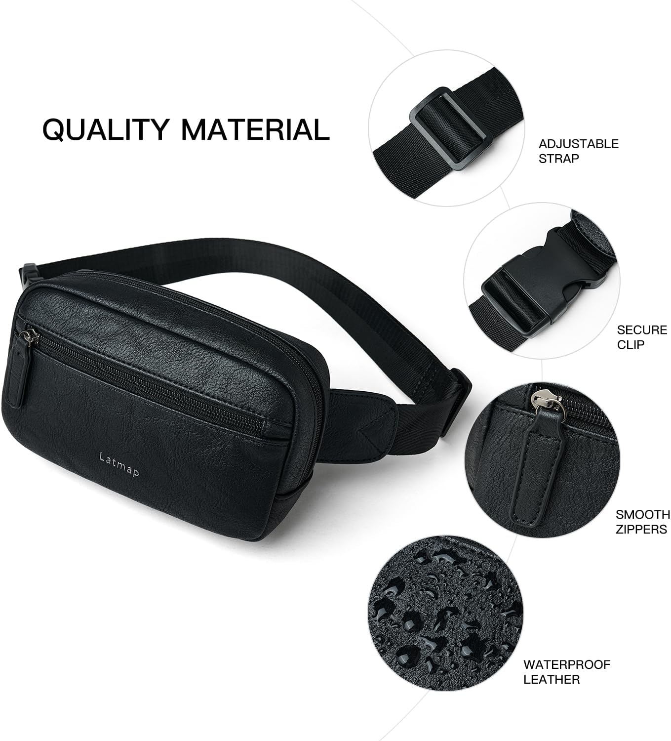 Detalle 2 de LATMAP 2L Bumbag Fanny Pack: Vegan Leather, Water-Resistant Belt Bag in Black