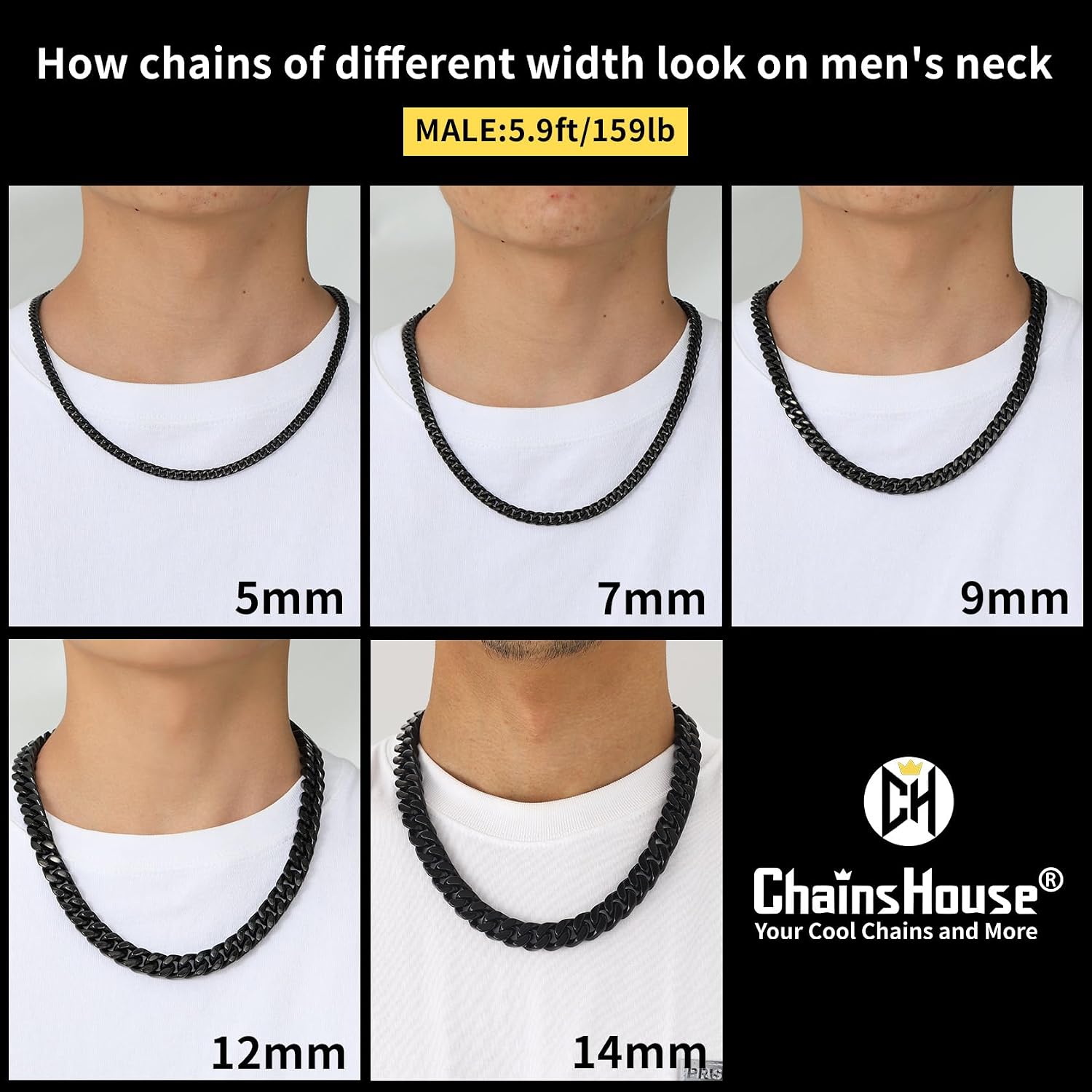 Detalle de ChainsHouse Stainless Steel Cuban Link Chain (Black with 18K Gold Plated) — 5mm to 14mm Width, 18" to 30" Length