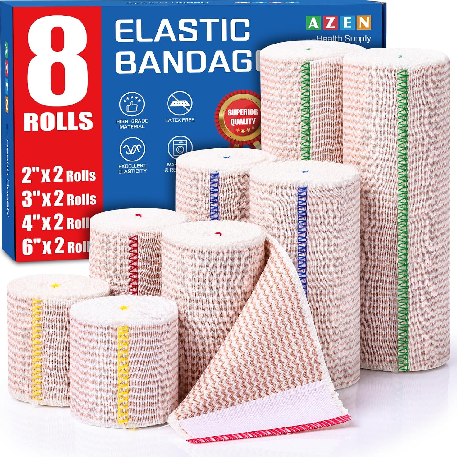 Detalle de AZEN Premium 8-Pack Elastic Bandage Wraps, Latex-Free, Four Widths