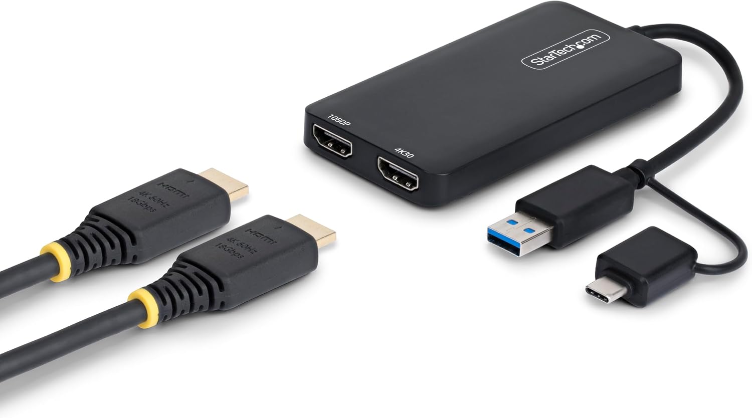 StarTech USB-A and USB-C to Dual HDMI Adapter (4K30 + 1080p) — USB 3.0, 2 Displays, Windows/ChromeOS/Ubuntu