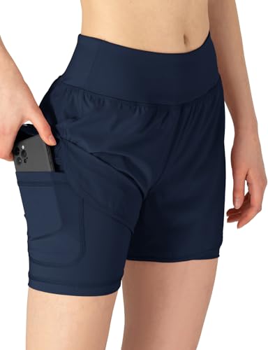 Detalle de DONHOBO Damen 2 in 1 Kurze Hose – Schnell trocknende Laufshorts für Yoga, Training und Fitness (Navy, L)