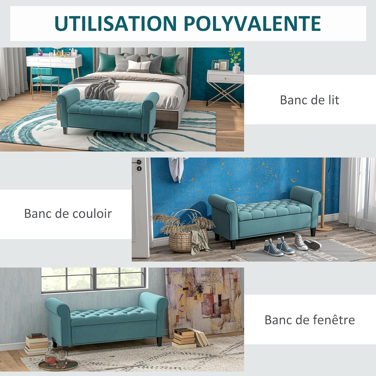 Thumbnail 6 de HOMCOM Banc de Rangement Bout de lit en velours vert avec accoudoirs et coffre – 126 x 48,5 x 57 cm