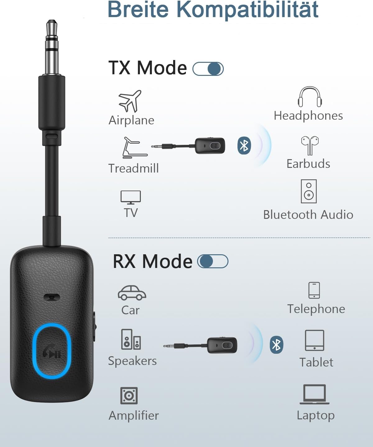 Thumbnail 1 de Ankilo Bluetooth 5.4 Adapter Transmitter (Sender/Empfänger) für Flugzeug & unterwegs – 2-in-1 mit Type‑C Laden