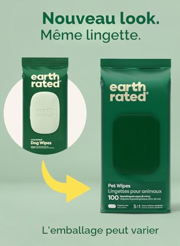 Detalle de Earth Rated Lingettes hypoallergéniques pour Chiens – Nettoyantes et Anti-odeurs, sans parfum, 100 lingettes