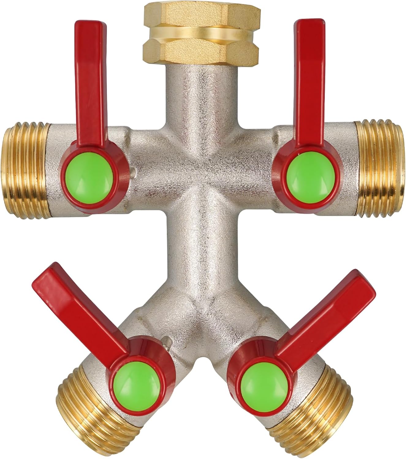 Detalle de DINGBAI Garden Hose Splitter 4-Way, Brass, Full-Flow Valves, 3/4-inch GHT