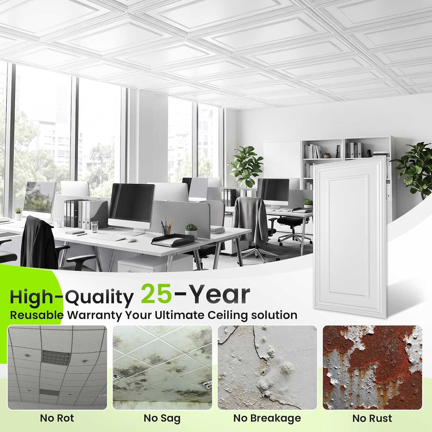 Detalle de LooYee 2 x 4 FT PVC Drop Ceiling Tiles, White Waterproof 24-Pack