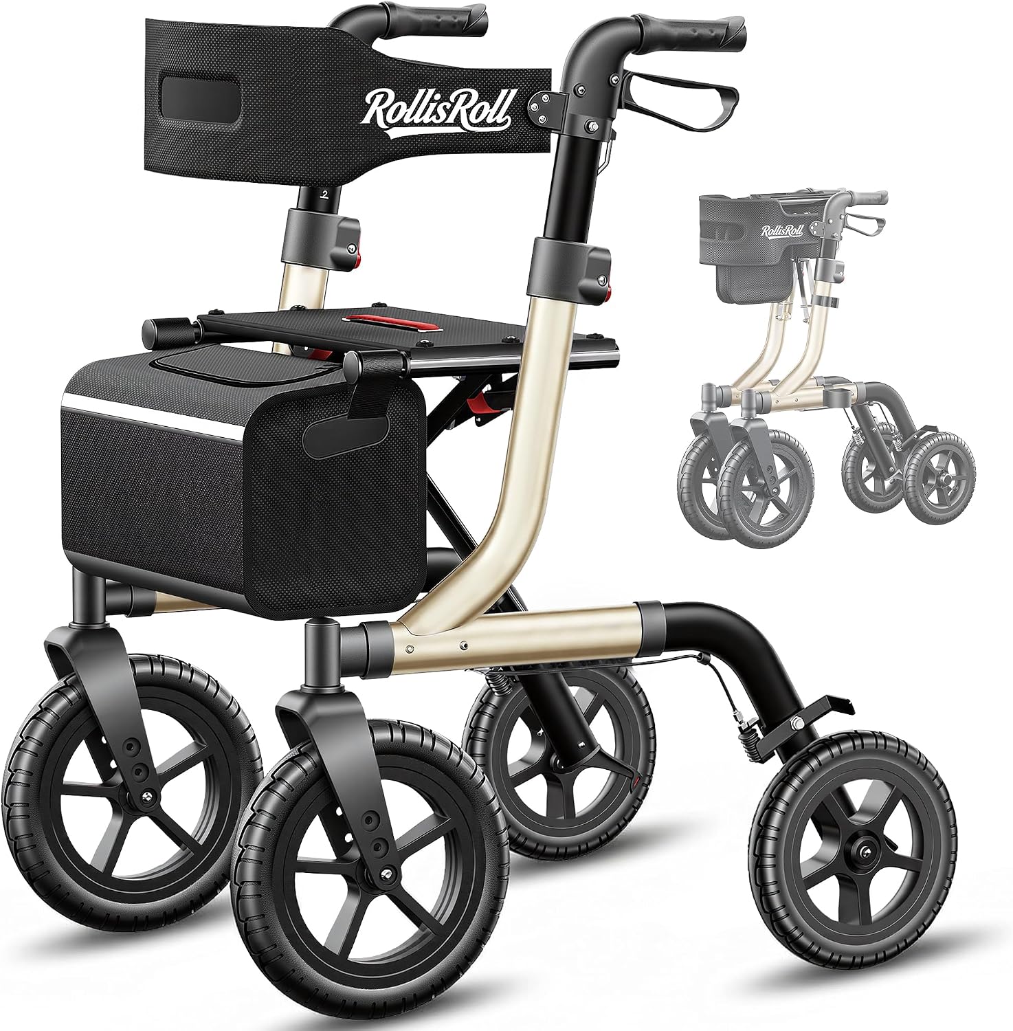 RollisRoll A42003W12 Rollator Walker with Seat, 12-Inch Rubber Wheels, Golden
