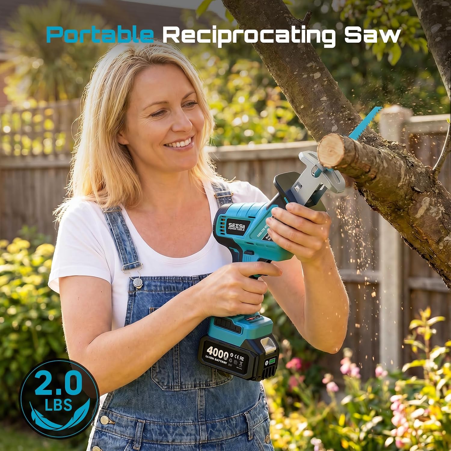 Detalle de SEESII SRW02 Cordless Reciprocating Saw, 3500 RPM, Brushless, 2 x 4.0Ah Batteries