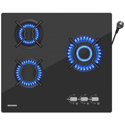 Detalle de Wehimo - Placa de cocina de gas de 3 fuegos empotrable, 60 cm, cristal negro