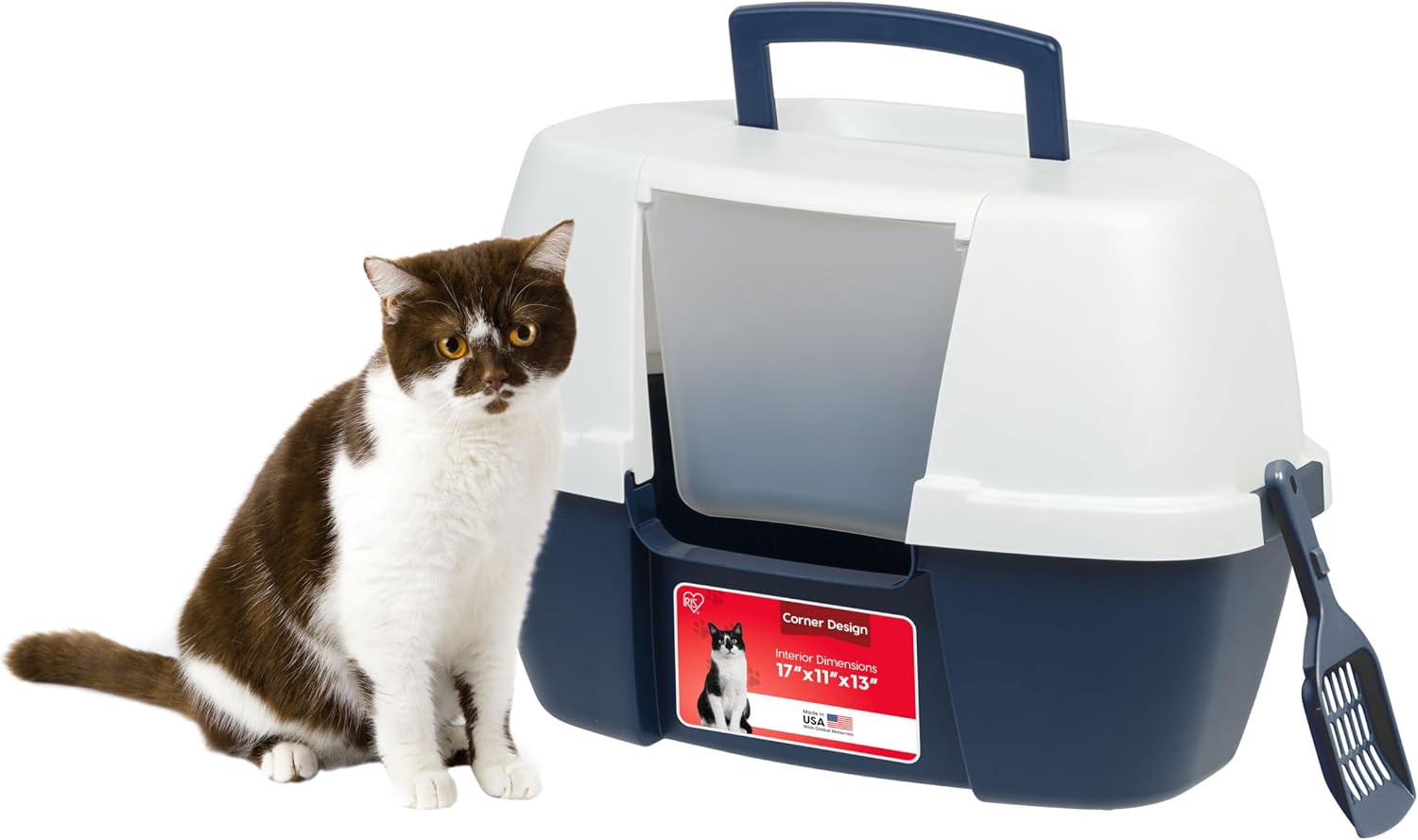 Detalle de IRIS USA 588426 Large Corner Cat Litter Box, Covered Navy/White Design